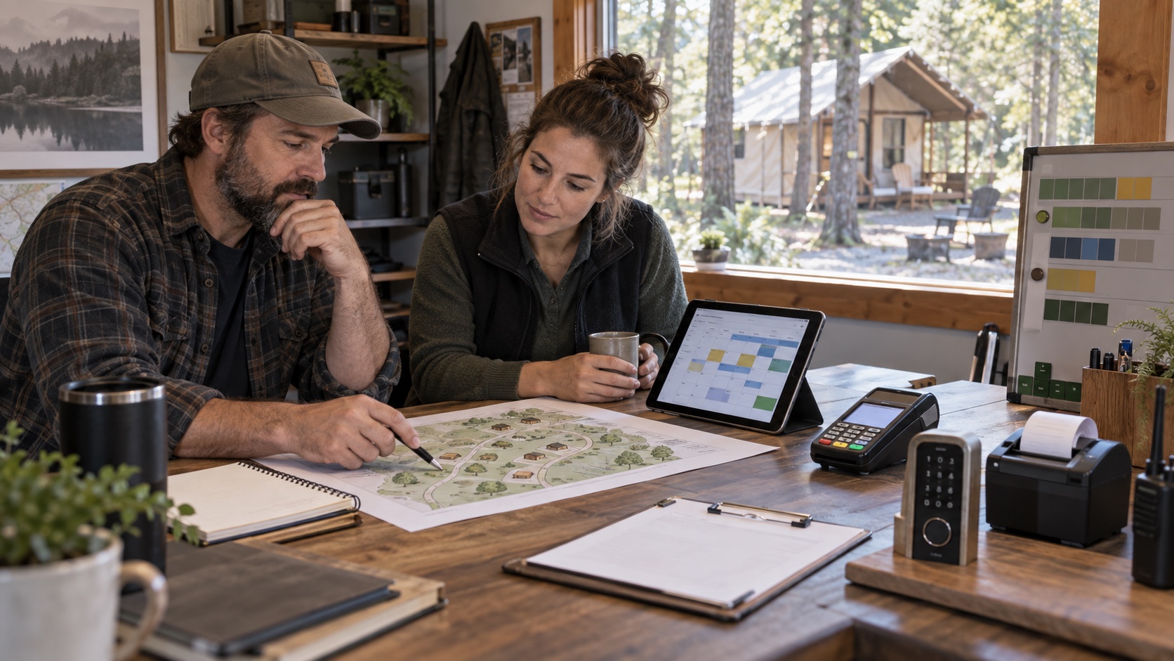 Glamping owner and operations manager review a property plan beside a reservation tablet, payment terminal, door keypad and housekeeping board