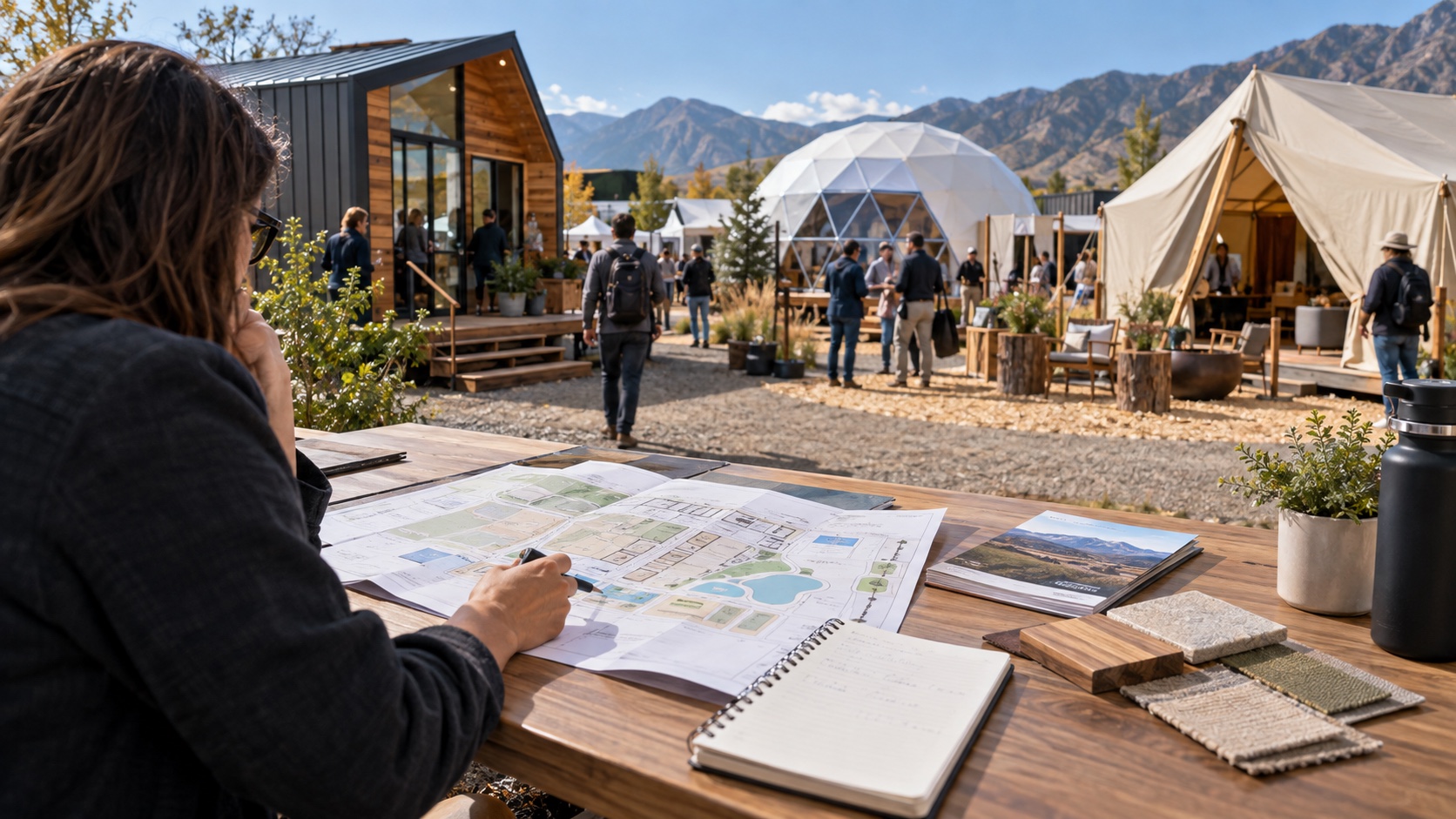 Hospitality developer planning a Glamping Show Americas visit with a venue map and material samples beside cabin, dome and canvas-tent displays