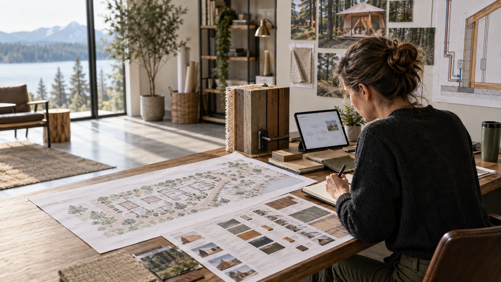 Hospitality developer reviewing a glamping trade-show floor plan, site drawing, material samples and supplier comparison notes