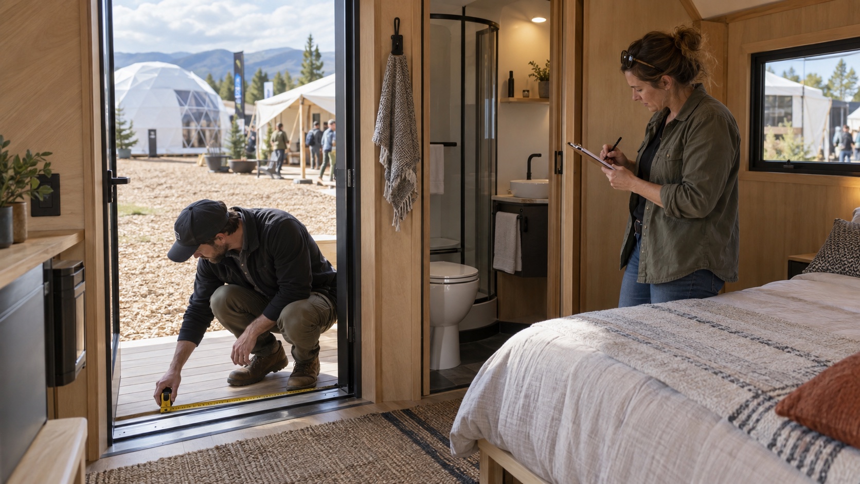 Hospitality owner and architect inspect a glamping cabin display, measuring the entry threshold and recording room details