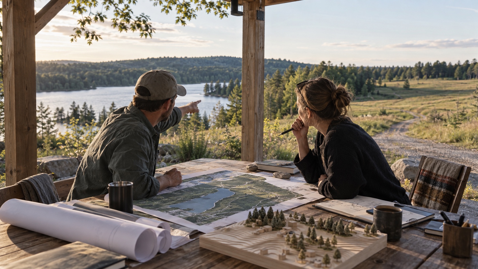Landowner and hospitality planner compare a lake and woodland setting with an undeveloped activity zone on the same property plan