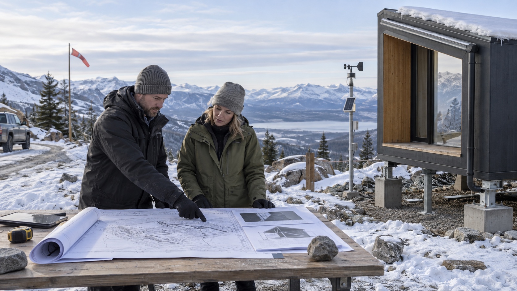 Structural engineer and hospitality owner review climate criteria beside a cabin on an exposed snow-covered mountain site