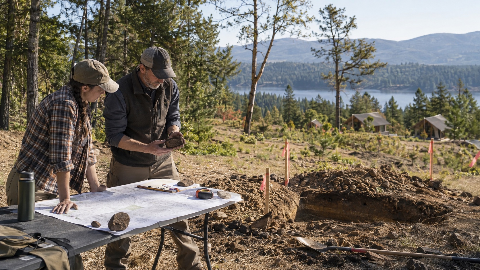 Two site planners inspect soil and a parcel drawing beside an unbuilt wastewater dispersal area on a wooded hospitality site